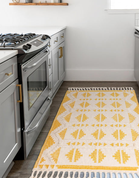 Yellow and White 10' x 14' 1 Mesa Rectangle Area Rug 100% Wool Geometric All Natural Carpet for Living, Dining, Office, Bedrooms, Dorms, Kitchens for Sale at Rug Engine
