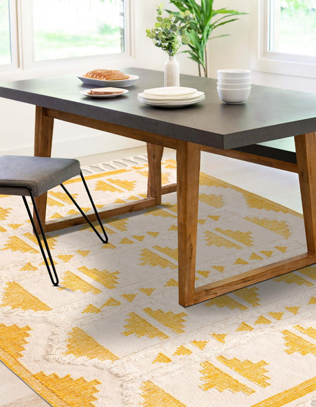 Yellow and White 6' 1 x 9' Mesa Rectangle Area Rug 100% Wool Geometric All Natural Carpet for Living, Dining, Office, Bedrooms, Dorms, Kitchens for Sale at Rug Engine