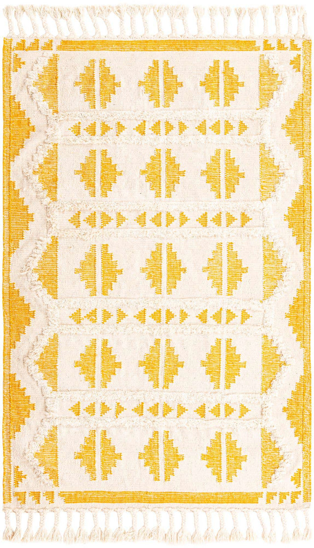 Yellow and White 5' 1 x 8' Mesa Rectangle Area Rug 100% Wool Geometric All Natural Carpet for Living, Dining, Office, Bedrooms, Dorms, Kitchens for Sale at Rug Engine