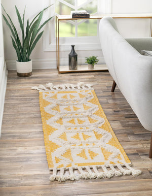 Yellow and White 2' 7 x 13' 1 Mesa Runner Area Rug 100% Wool Geometric All Natural Carpet for Living, Dining, Office, Bedrooms, Dorms, Kitchens for Sale at Rug Engine
