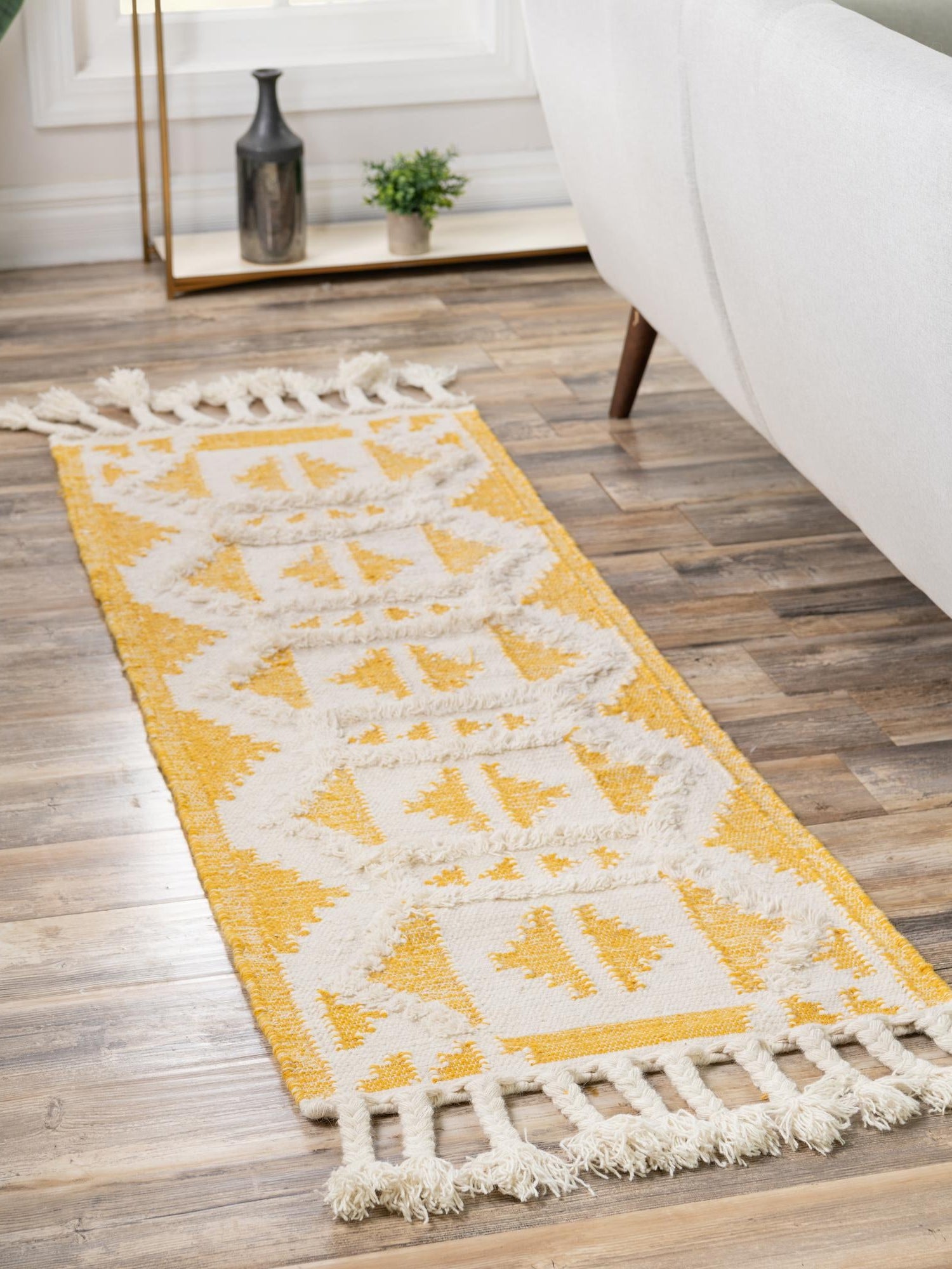 Yellow and White 2' 7 x 10' Mesa Runner Area Rug 100% Wool Geometric All Natural Carpet for Living, Dining, Office, Bedrooms, Dorms, Kitchens for Sale at Rug Engine