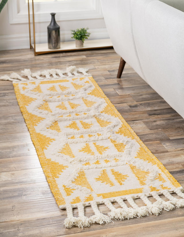 Yellow and White 2' 2 x 8' 2 Mesa Runner Area Rug 100% Wool Geometric All Natural Carpet for Living, Dining, Office, Bedrooms, Dorms, Kitchens for Sale at Rug Engine