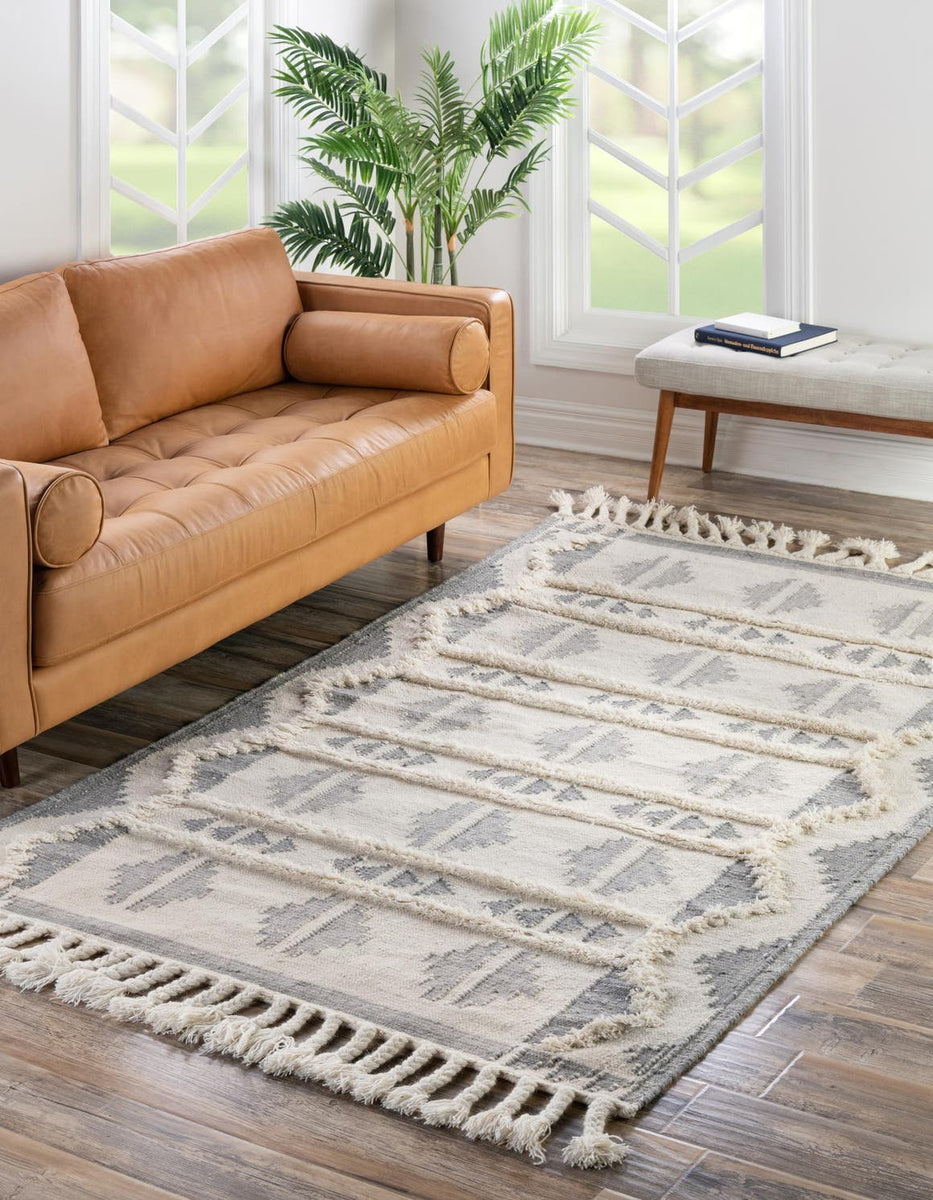 Gray and White 8' x 10' Mesa Rectangle Area Rug 100% Wool Geometric Al ...