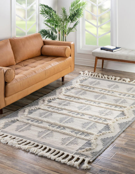 Gray and White 4' 1 x 6' 1 Mesa Rectangle Area Rug 100% Wool Geometric All Natural Carpet for Living, Dining, Office, Bedrooms, Dorms, Kitchens for Sale at Rug Engine