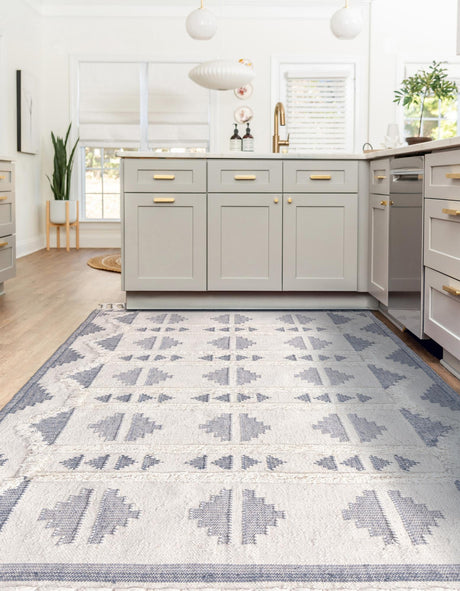 Gray and White 6' 1 x 9' Mesa Rectangle Area Rug 100% Wool Geometric All Natural Carpet for Living, Dining, Office, Bedrooms, Dorms, Kitchens for Sale at Rug Engine