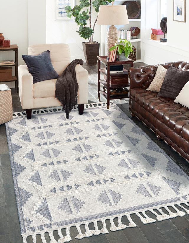 Gray and White 5' 1 x 8' Mesa Rectangle Area Rug 100% Wool Geometric All Natural Carpet for Living, Dining, Office, Bedrooms, Dorms, Kitchens for Sale at Rug Engine