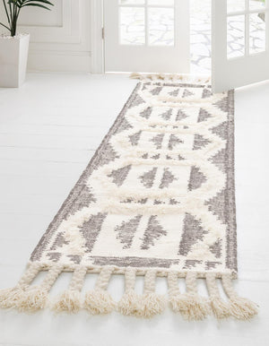 Gray and White 2' 7 x 13' 1 Mesa Runner Area Rug 100% Wool Geometric All Natural Carpet for Living, Dining, Office, Bedrooms, Dorms, Kitchens for Sale at Rug Engine