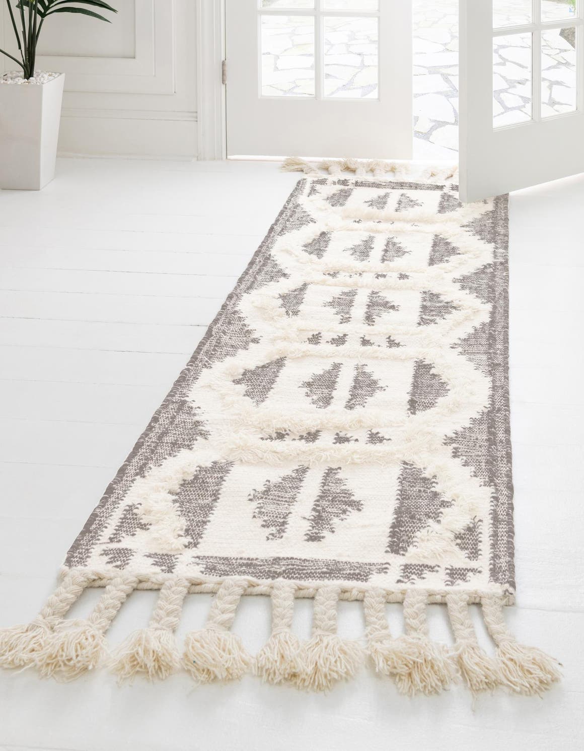 Gray and White 2' 7 x 10' Mesa Runner Area Rug 100% Wool Geometric All Natural Carpet for Living, Dining, Office, Bedrooms, Dorms, Kitchens for Sale at Rug Engine