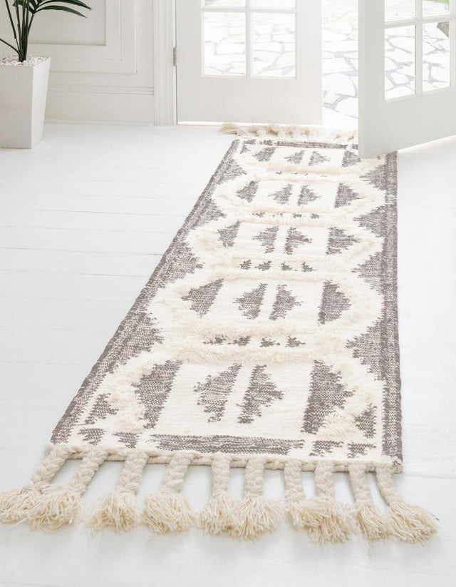 Gray and White 2' 2 x 5' 1 Mesa Runner Area Rug 100% Wool Geometric All Natural Carpet for Living, Dining, Office, Bedrooms, Dorms, Kitchens for Sale at Rug Engine