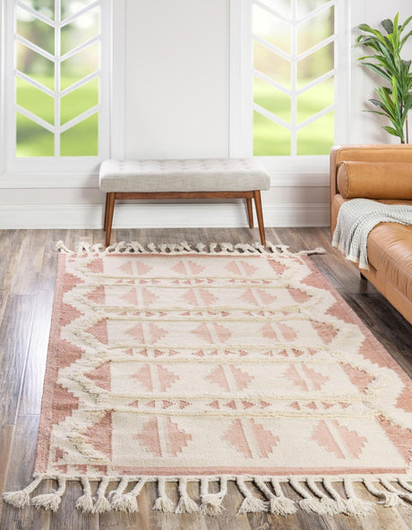 Pink and White 5' 1 x 8' Mesa Rectangle Area Rug 100% Wool Geometric All Natural Carpet for Living, Dining, Office, Bedrooms, Dorms, Kitchens for Sale at Rug Engine