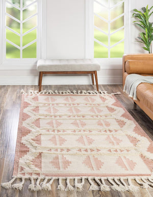 Pink and White 10' x 14' 1 Mesa Rectangle Area Rug 100% Wool Geometric All Natural Carpet for Living, Dining, Office, Bedrooms, Dorms, Kitchens for Sale at Rug Engine