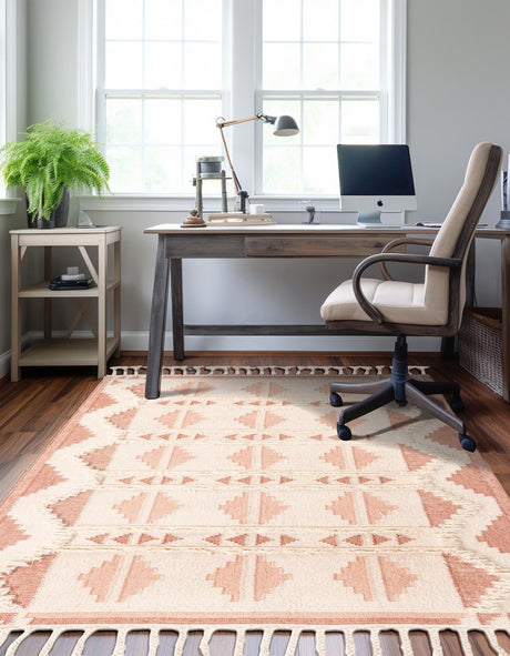 Pink and White 5' 1 x 8' Mesa Rectangle Area Rug 100% Wool Geometric All Natural Carpet for Living, Dining, Office, Bedrooms, Dorms, Kitchens for Sale at Rug Engine