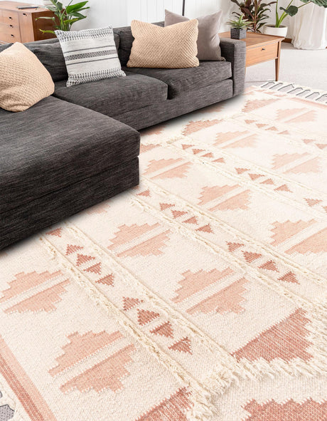 Pink and White 6' 1 x 9' Mesa Rectangle Area Rug 100% Wool Geometric All Natural Carpet for Living, Dining, Office, Bedrooms, Dorms, Kitchens for Sale at Rug Engine