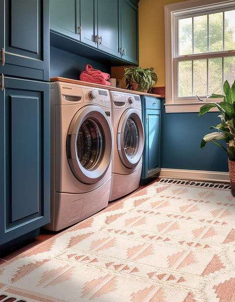 Pink and White 5' 1 x 8' Mesa Rectangle Area Rug 100% Wool Geometric All Natural Carpet for Living, Dining, Office, Bedrooms, Dorms, Kitchens for Sale at Rug Engine