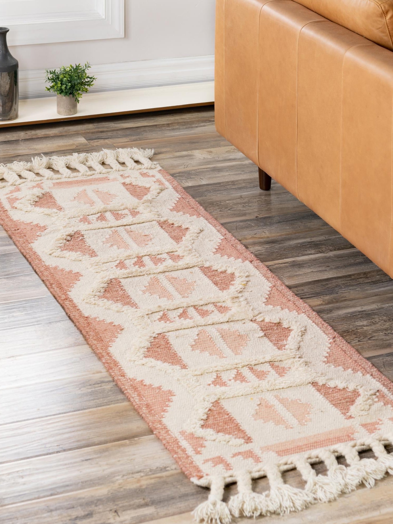 Pink and White 2' 7 x 13' 1 Mesa Runner Area Rug 100% Wool Geometric All Natural Carpet for Living, Dining, Office, Bedrooms, Dorms, Kitchens for Sale at Rug Engine
