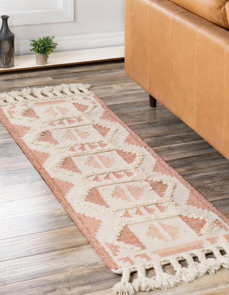 Pink and White 2' 2 x 8' 2 Mesa Runner Area Rug 100% Wool Geometric All Natural Carpet for Living, Dining, Office, Bedrooms, Dorms, Kitchens for Sale at Rug Engine