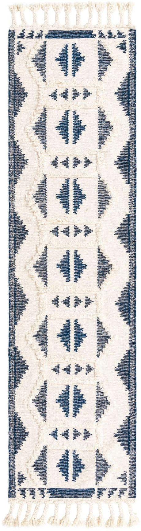 Navy Blue and White 2' 7 x 10' Mesa Runner Area Rug 100% Wool Geometric All Natural Carpet for Living, Dining, Office, Bedrooms, Dorms, Kitchens for Sale at Rug Engine