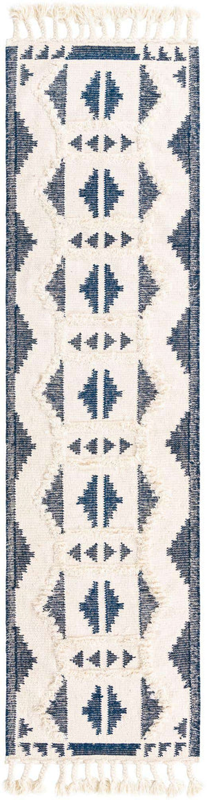 Navy Blue and White 2' 7 x 13' 1 Mesa Runner Area Rug 100% Wool Geometric All Natural Carpet for Living, Dining, Office, Bedrooms, Dorms, Kitchens for Sale at Rug Engine