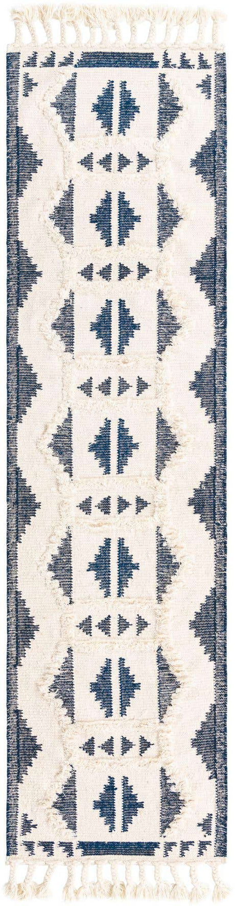 Navy Blue and White 2' 7 x 13' 1 Mesa Runner Area Rug 100% Wool Geometric All Natural Carpet for Living, Dining, Office, Bedrooms, Dorms, Kitchens for Sale at Rug Engine