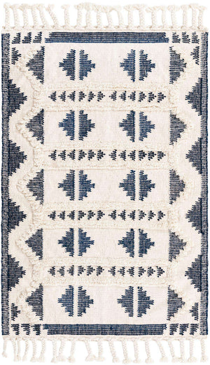 Navy Blue and White 4' 1 x 6' 1 Mesa Rectangle Area Rug 100% Wool Geometric All Natural Carpet for Living, Dining, Office, Bedrooms, Dorms, Kitchens for Sale at Rug Engine