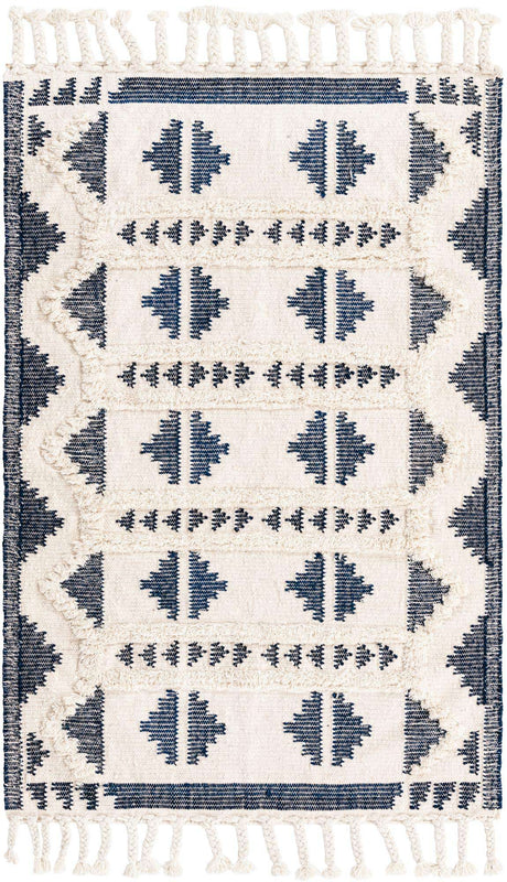 Navy Blue and White 4' 1 x 6' 1 Mesa Rectangle Area Rug 100% Wool Geometric All Natural Carpet for Living, Dining, Office, Bedrooms, Dorms, Kitchens for Sale at Rug Engine