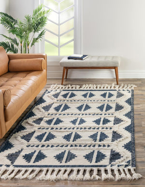 Navy Blue and White 5' 1 x 8' Mesa Rectangle Area Rug 100% Wool Geometric All Natural Carpet for Living, Dining, Office, Bedrooms, Dorms, Kitchens for Sale at Rug Engine