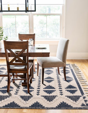 Navy Blue and White 8' x 10' Mesa Rectangle Area Rug 100% Wool Geometric All Natural Carpet for Living, Dining, Office, Bedrooms, Dorms, Kitchens for Sale at Rug Engine