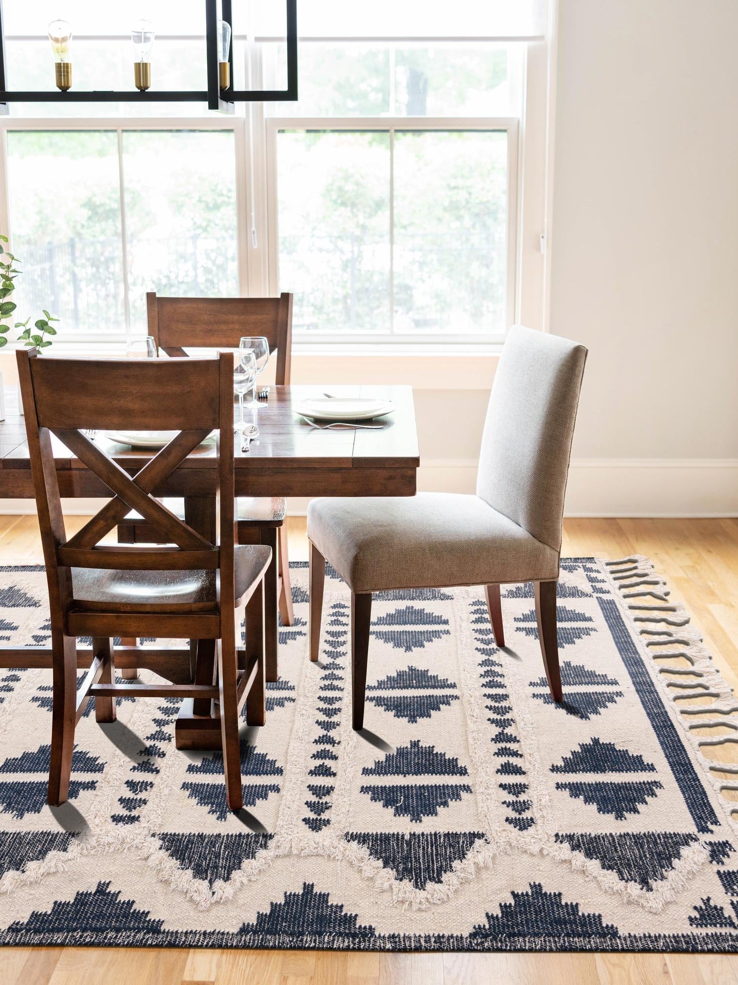 Navy Blue and White 6' 1 x 9' Mesa Rectangle Area Rug 100% Wool Geometric All Natural Carpet for Living, Dining, Office, Bedrooms, Dorms, Kitchens for Sale at Rug Engine