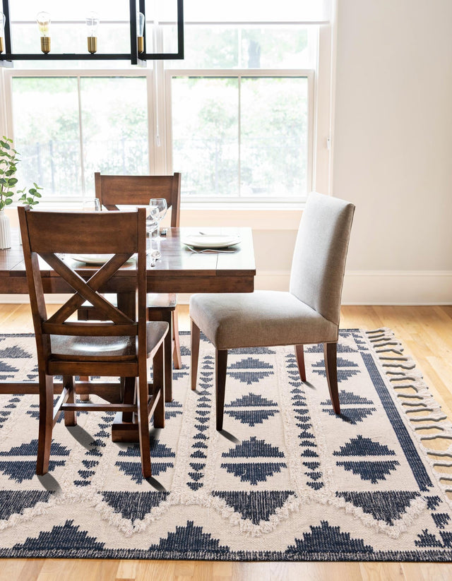 Navy Blue and White 6' 1 x 9' Mesa Rectangle Area Rug 100% Wool Geometric All Natural Carpet for Living, Dining, Office, Bedrooms, Dorms, Kitchens for Sale at Rug Engine