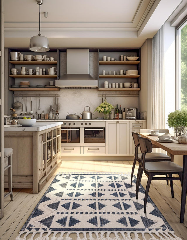 Navy Blue and White 9' x 12' Mesa Rectangle Area Rug 100% Wool Geometric All Natural Carpet for Living, Dining, Office, Bedrooms, Dorms, Kitchens for Sale at Rug Engine