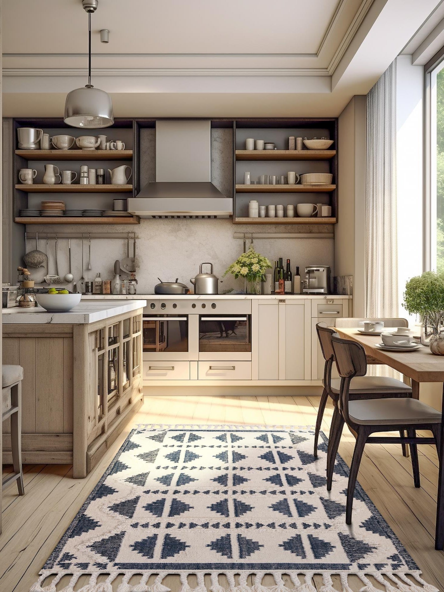Navy Blue and White 6' 1 x 9' Mesa Rectangle Area Rug 100% Wool Geometric All Natural Carpet for Living, Dining, Office, Bedrooms, Dorms, Kitchens for Sale at Rug Engine