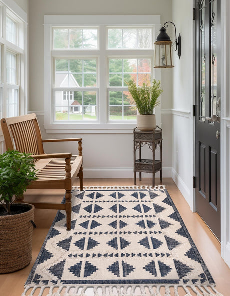 Navy Blue and White 6' 1 x 9' Mesa Rectangle Area Rug 100% Wool Geometric All Natural Carpet for Living, Dining, Office, Bedrooms, Dorms, Kitchens for Sale at Rug Engine