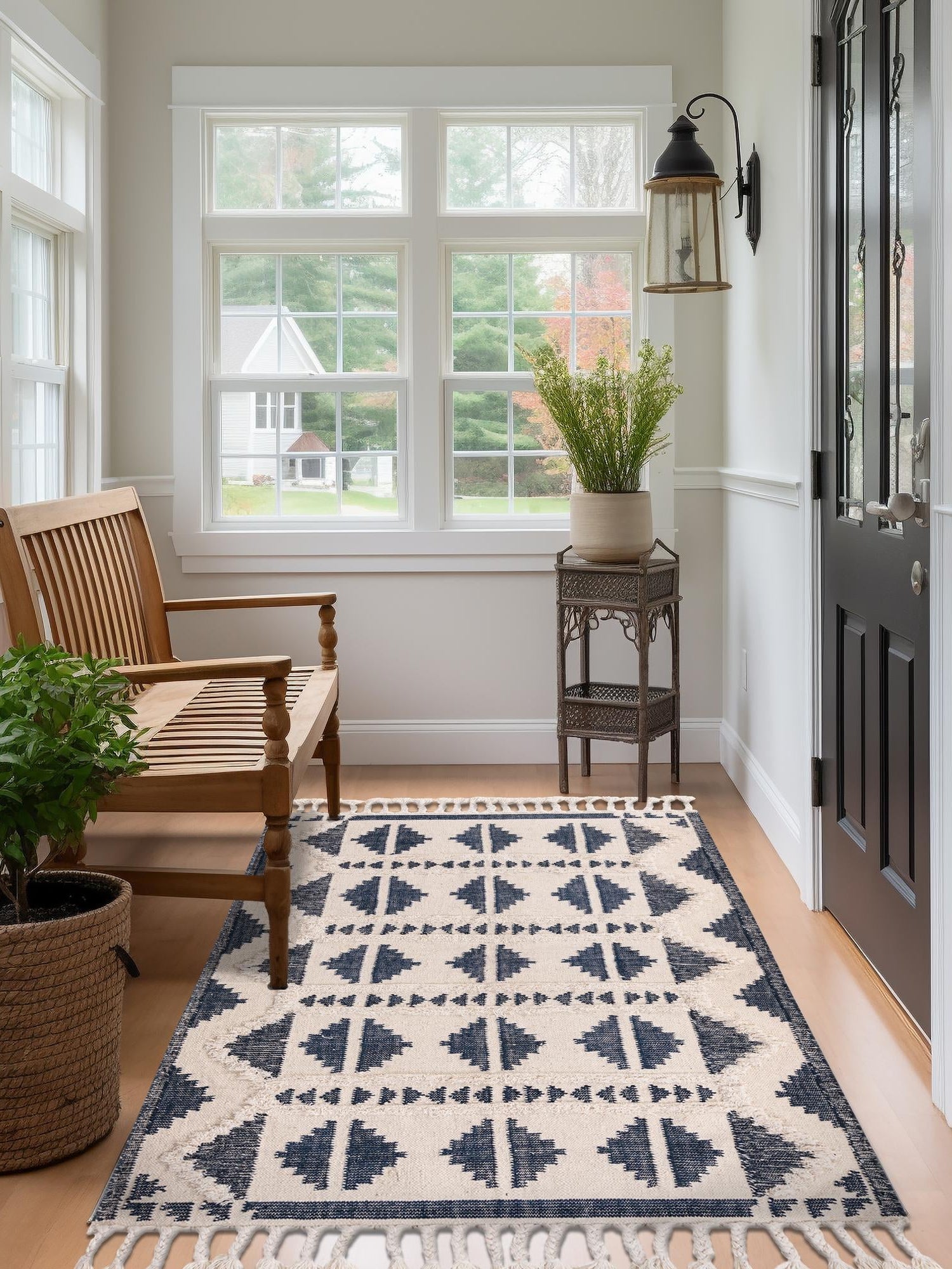 Navy Blue and White 5' 1 x 8' Mesa Rectangle Area Rug 100% Wool Geometric All Natural Carpet for Living, Dining, Office, Bedrooms, Dorms, Kitchens for Sale at Rug Engine