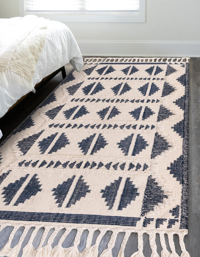Navy Blue and White 4' 1 x 6' 1 Mesa Rectangle Area Rug 100% Wool Geometric All Natural Carpet for Living, Dining, Office, Bedrooms, Dorms, Kitchens for Sale at Rug Engine