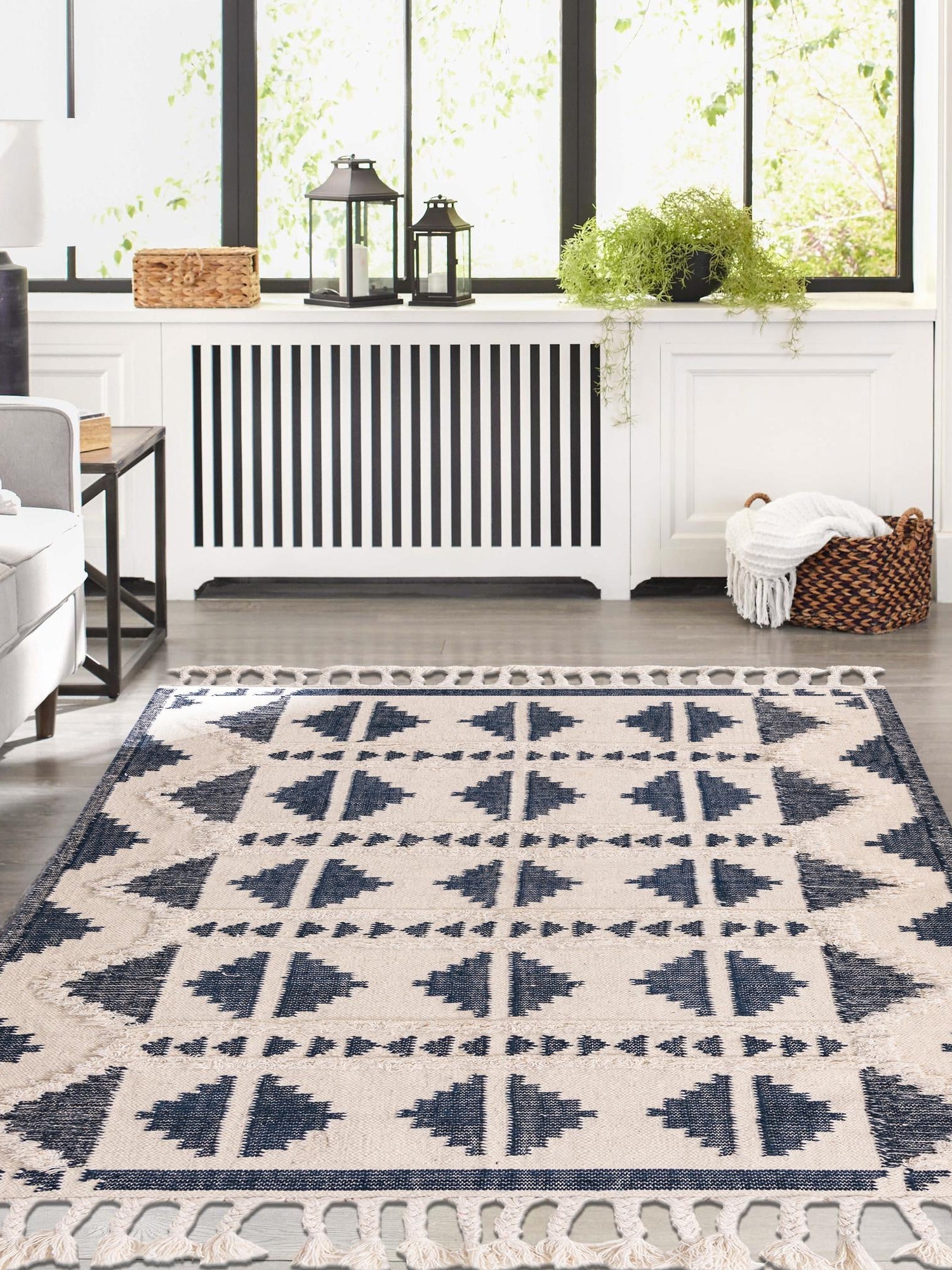 Navy Blue and White 9' x 12' Mesa Rectangle Area Rug 100% Wool Geometric All Natural Carpet for Living, Dining, Office, Bedrooms, Dorms, Kitchens for Sale at Rug Engine