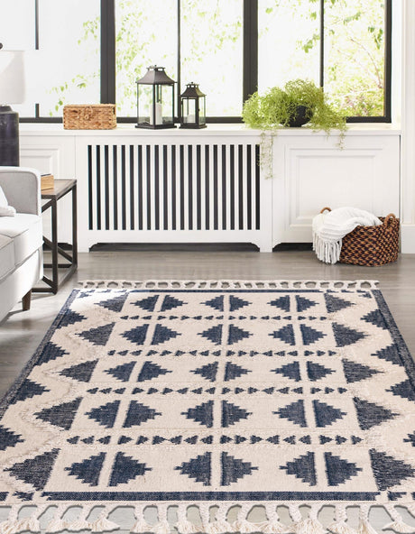 Navy Blue and White 5' 1 x 8' Mesa Rectangle Area Rug 100% Wool Geometric All Natural Carpet for Living, Dining, Office, Bedrooms, Dorms, Kitchens for Sale at Rug Engine