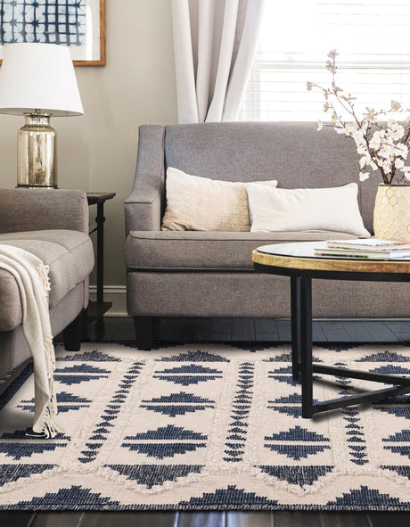 Navy Blue and White 10' x 14' 1 Mesa Rectangle Area Rug 100% Wool Geometric All Natural Carpet for Living, Dining, Office, Bedrooms, Dorms, Kitchens for Sale at Rug Engine