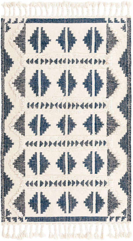 Navy Blue and White 5' 1 x 8' Mesa Rectangle Area Rug 100% Wool Geometric All Natural Carpet for Living, Dining, Office, Bedrooms, Dorms, Kitchens for Sale at Rug Engine