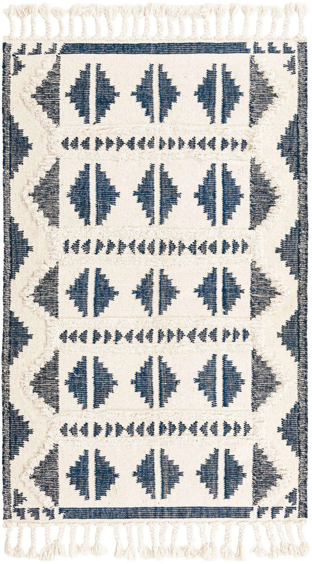 Navy Blue and White 5' 1 x 8' Mesa Rectangle Area Rug 100% Wool Geometric All Natural Carpet for Living, Dining, Office, Bedrooms, Dorms, Kitchens for Sale at Rug Engine