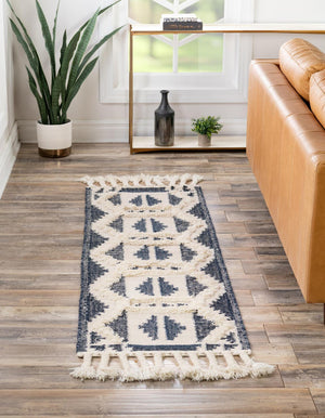 Navy Blue and White 2' 7 x 13' 1 Mesa Runner Area Rug 100% Wool Geometric All Natural Carpet for Living, Dining, Office, Bedrooms, Dorms, Kitchens for Sale at Rug Engine