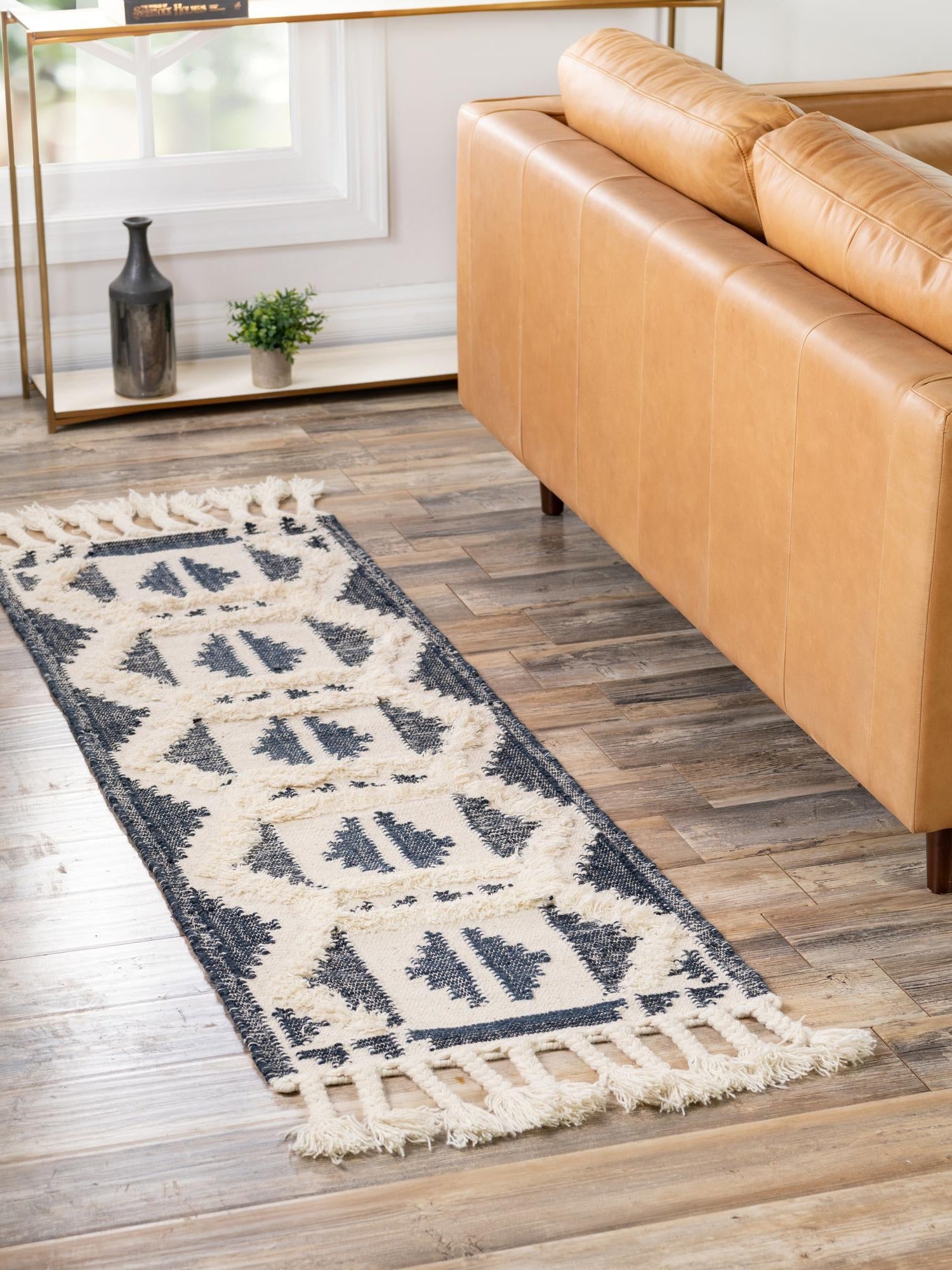 Navy Blue and White 2' 7 x 10' Mesa Runner Area Rug 100% Wool Geometric All Natural Carpet for Living, Dining, Office, Bedrooms, Dorms, Kitchens for Sale at Rug Engine