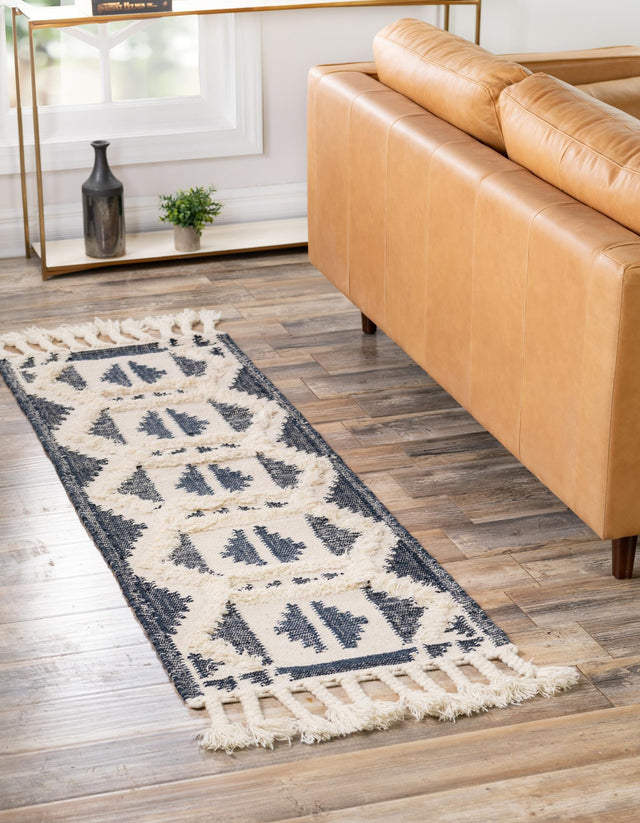 Navy Blue and White 2' 7 x 13' 1 Mesa Runner Area Rug 100% Wool Geometric All Natural Carpet for Living, Dining, Office, Bedrooms, Dorms, Kitchens for Sale at Rug Engine