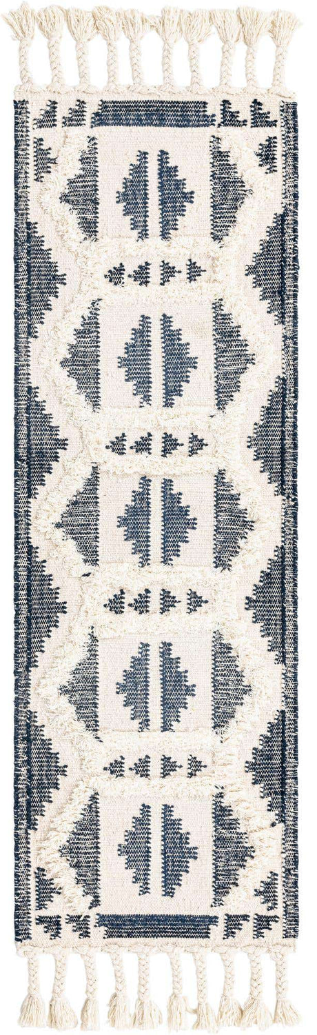 Navy Blue and White 2' 2 x 6' 1 Mesa Runner Area Rug 100% Wool Geometric All Natural Carpet for Living, Dining, Office, Bedrooms, Dorms, Kitchens for Sale at Rug Engine