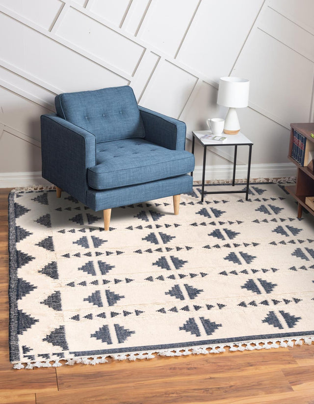 Navy Blue and White 8' x 8' Mesa Square Area Rug 100% Wool Geometric All Natural Carpet for Living, Dining, Office, Bedrooms, Dorms, Kitchens for Sale at Rug Engine