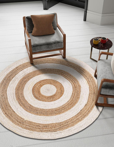 White Natural 5' 1 x 5' 1 Braided Jute Round Rug