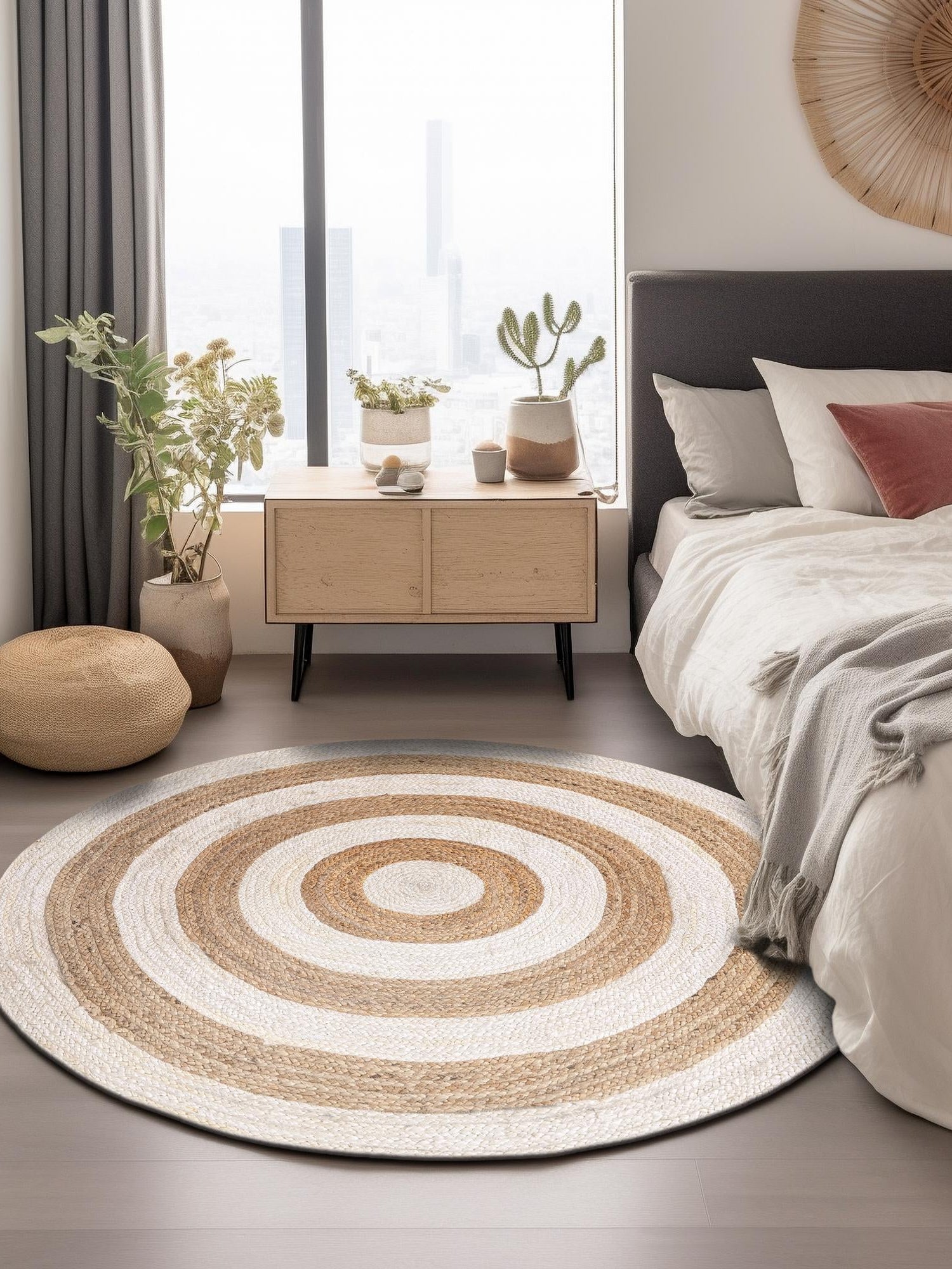 White Natural 8' x 8' Braided Jute Round Area Rug 100% Jute Hand Braided Natural Eco-Friendly Boho Style Carpet for Living Rooms Dining Office Space Dorms for Sale at Rug Engine