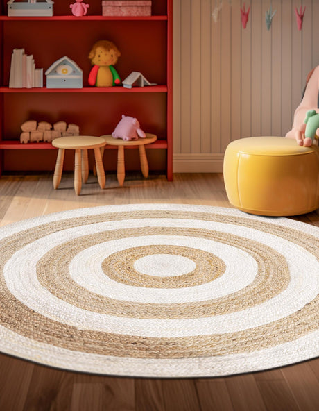 White Natural 5' 1 x 5' 1 Braided Jute Round Area Rug 100% Jute Hand Braided Natural Eco-Friendly Boho Style Carpet for Living Rooms Dining Office Space Dorms for Sale at Rug Engine
