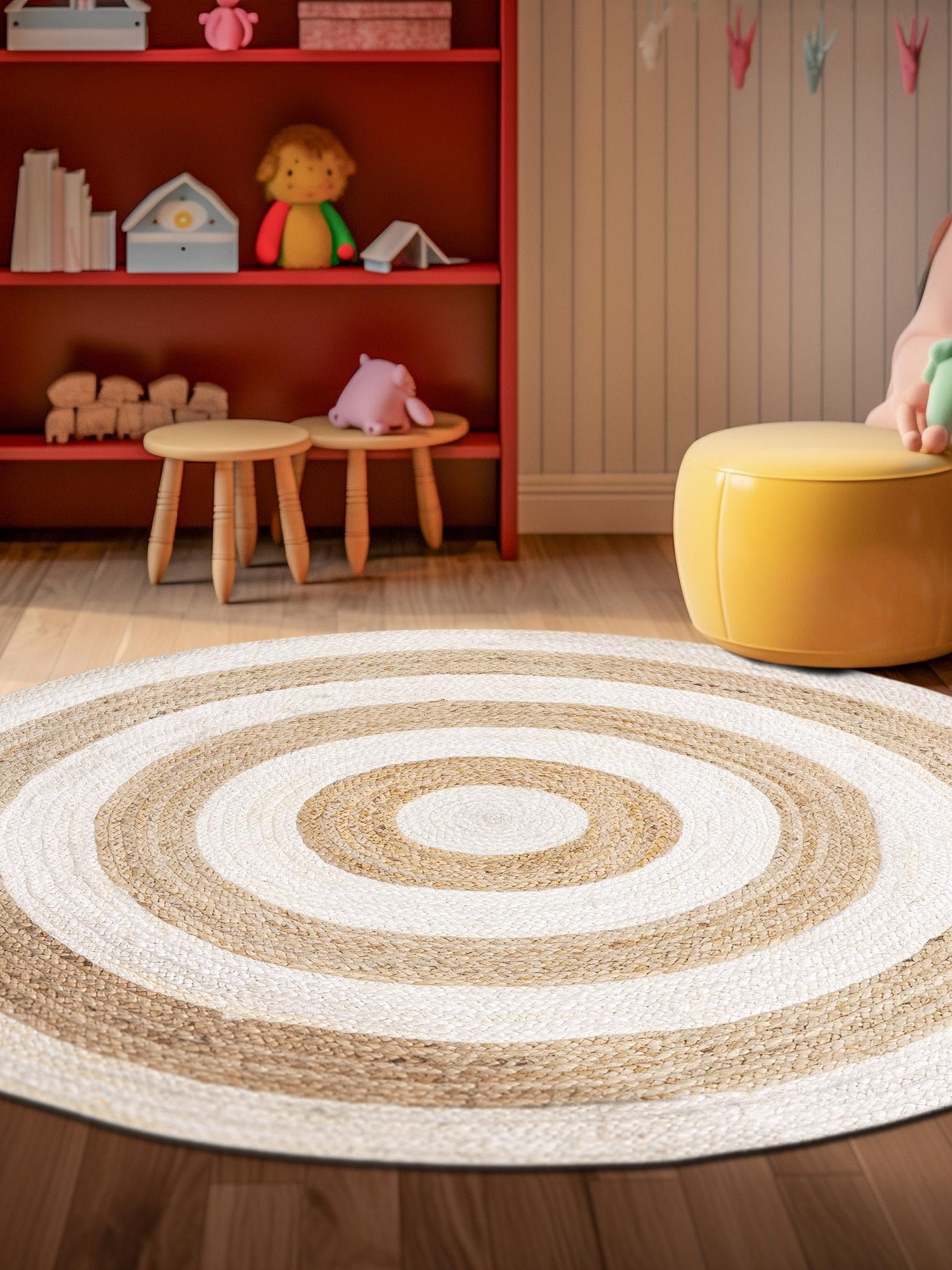 White Natural 4' 1 x 4' 1 Braided Jute Round Area Rug 100% Jute Hand Braided Natural Eco-Friendly Boho Style Carpet for Living Rooms Dining Office Space Dorms for Sale at Rug Engine