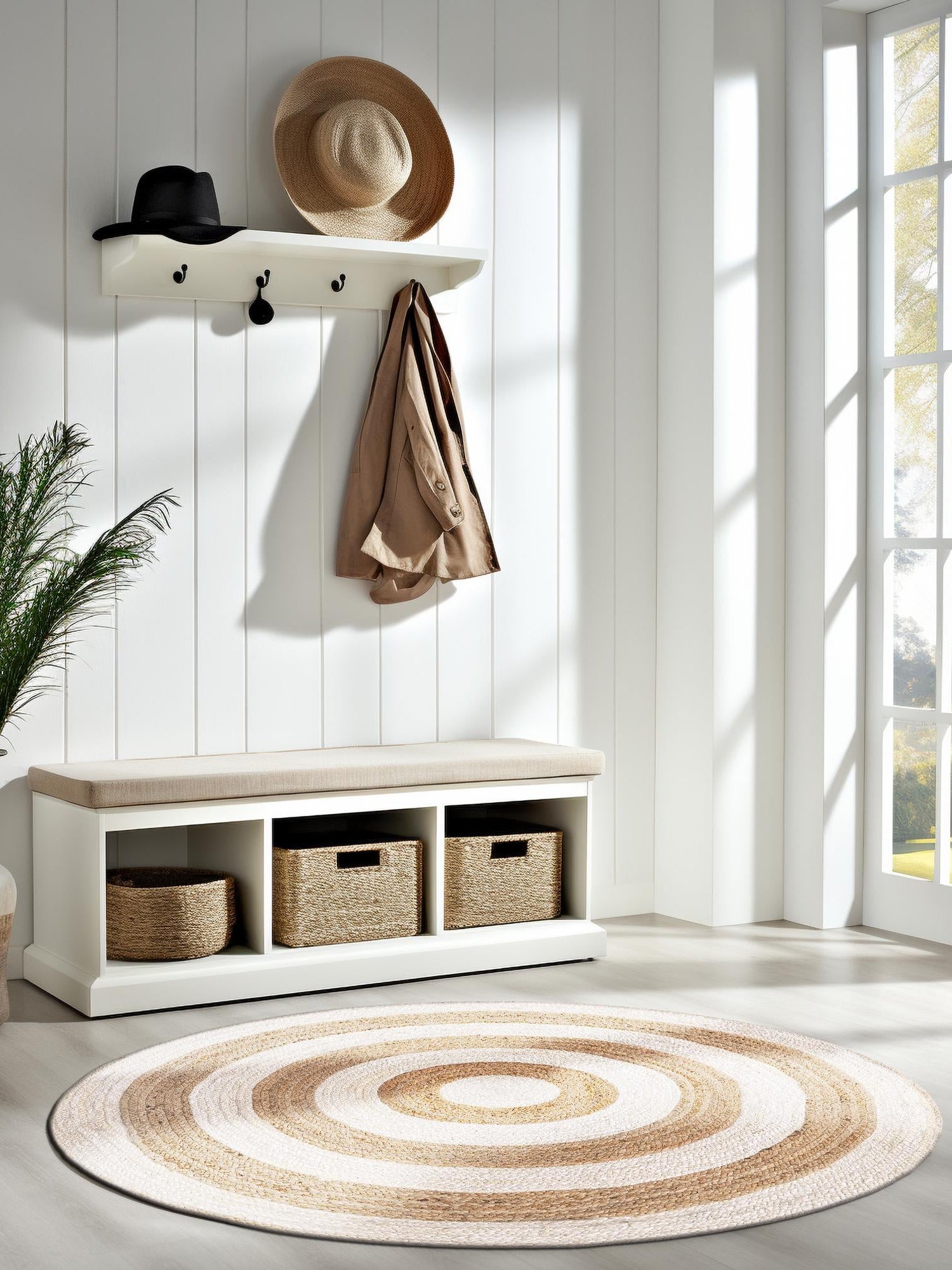 White Natural 4' 1 x 4' 1 Braided Jute Round Area Rug 100% Jute Hand Braided Natural Eco-Friendly Boho Style Carpet for Living Rooms Dining Office Space Dorms for Sale at Rug Engine