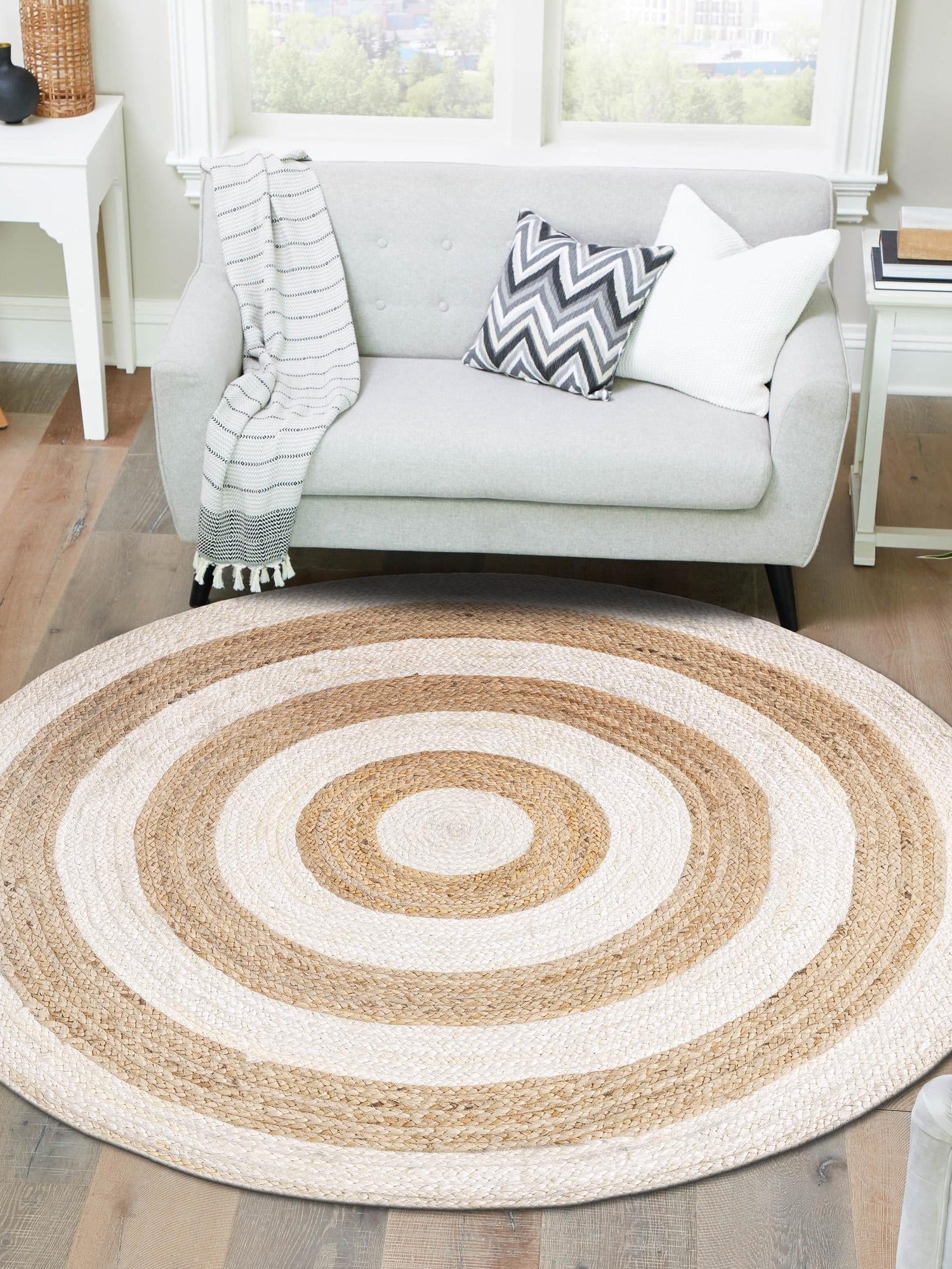 White Natural 7' 1 x 7' 1 Braided Jute Round Area Rug 100% Jute Hand Braided Natural Eco-Friendly Boho Style Carpet for Living Rooms Dining Office Space Dorms for Sale at Rug Engine